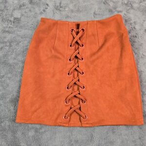 Shinestar Mini Skirt Women Small Orange Faux Suede Lace Up Boho Western Festival